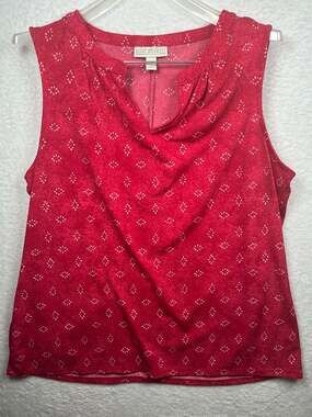 Dana Buchman Red Sleeveless V-Neck White Geometric Print 90s/Y2K Popover shell